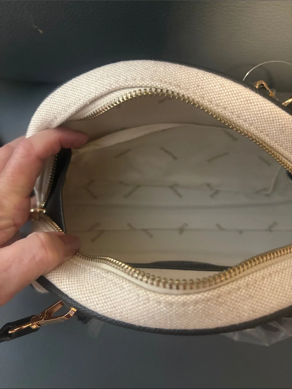 bebe Black & White Striped Dome Crossbody with Gold Hardware with accents - Picture 4 of 8